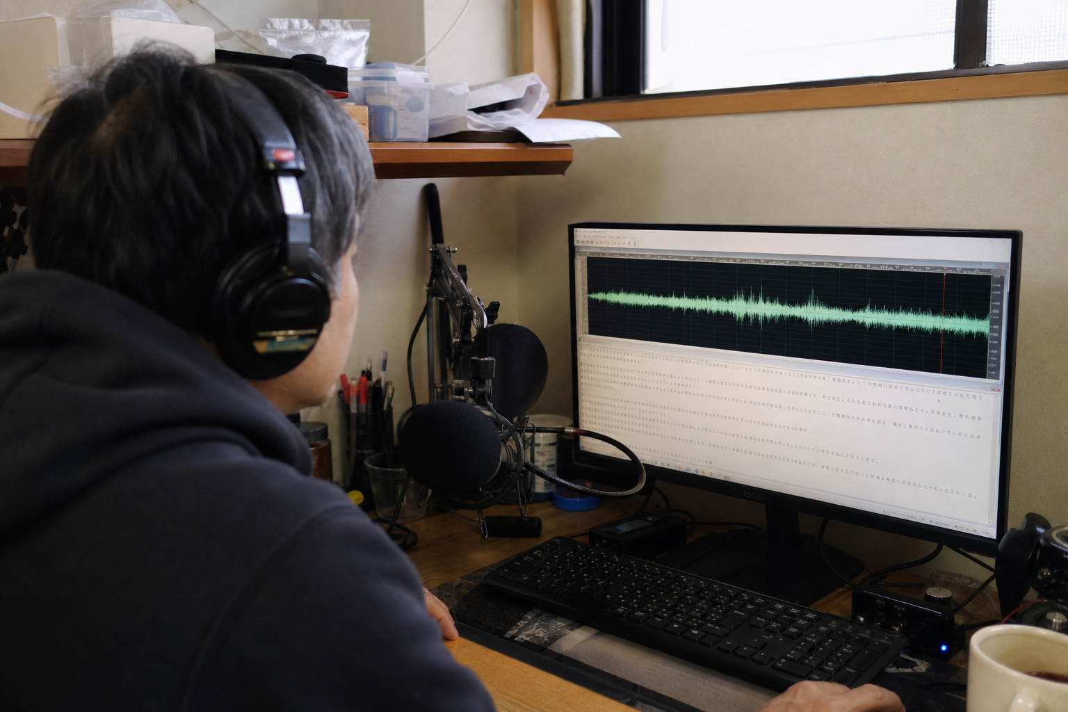 左に原稿・右に多言語タブ・下に音声波形の制作画面