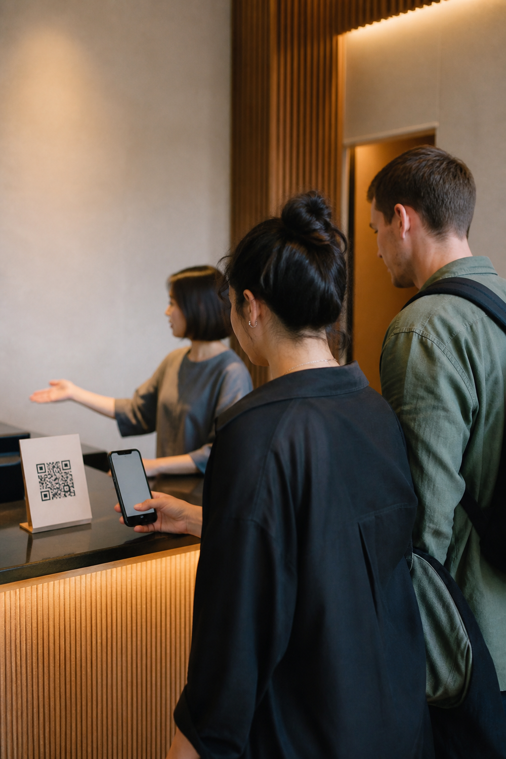 Traveler scanning a QR at a hotel or restaurant