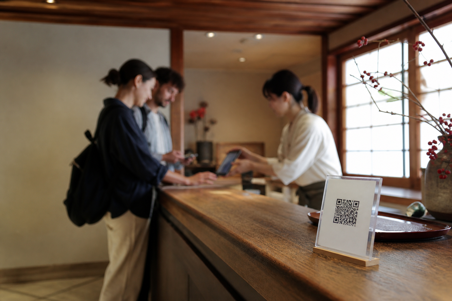 店舗カウンターの卓上QRスタンドと旅行者
