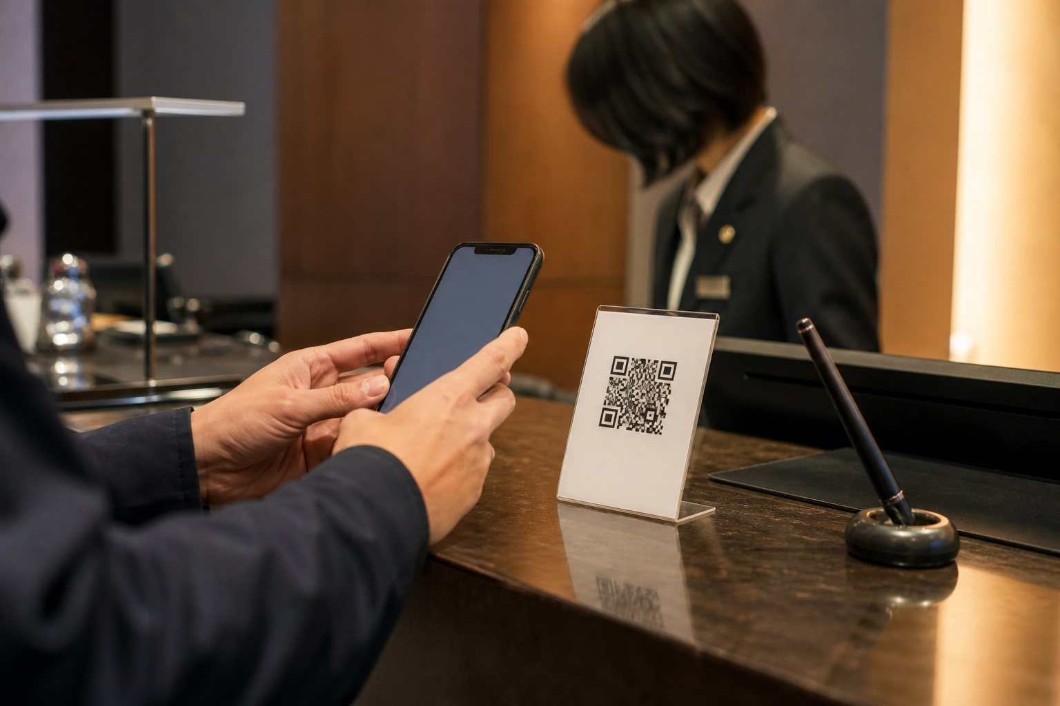 Traveler scanning a table or front-desk QR